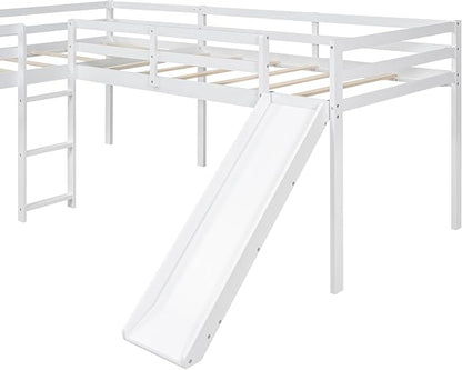 L-Shaped Twin Size Loft Bed with Ladder and Slide,Solid Wood Structure Bed Frame,w/Safety Guardrail & Slat Supports,Space Saving,Easy to Assemble,for Kids,Teens,Girls & Boys,White