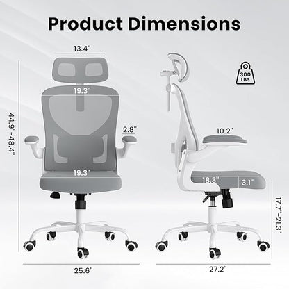 Ergonomic Office Chair, Comfy Home Office Chair High Back Computer Chair with Headrest, Adjustable Back Support, Flip-Up Arms, 90-120° Tilt and Wide Cushion, Up to 300lbs, Grey+White