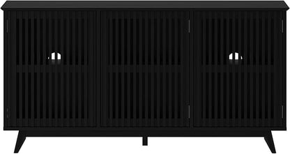 Plank+Beam Mid-Century Modern Wood TV Stand, Three Door Solid Wood Entertainment Console with Storage, 59" L x 16" W x 30" H, Black