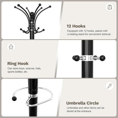 Coat Rack Freestanding with Marble Base, Heavy Duty Clothes Tree with Hooks and Umbrella Storage, Metal Hall Holder for Hanging Jacket, Hats, Scarf, Bag, Suitable for Entryway,Bedroom