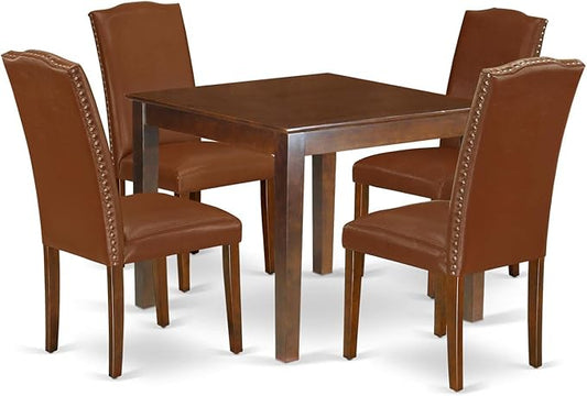 East West Furniture OXEN5-MAH-66 5 Piece Modern Dining Table Set Includes a Square Wooden Table and 4 Brown Faux Faux Leather Upholstered Chairs, 36x36 Inch, Mahogany