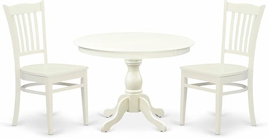 East West Furniture HBGR3-LWH-W 3 Piece Kitchen Table Set for Small Spaces Contains a Round Dining Table with Pedestal and 2 Dining Room Chairs, 42x42 Inch, Linen White