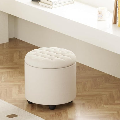 Furniliving Modern Round Storage Ottoman,Button Tufted Ottoman Foot Stools Ottoman Footstool with Removable Lid Storage Ottoman for Living Room, Bedroom, Makeup Room，Beige