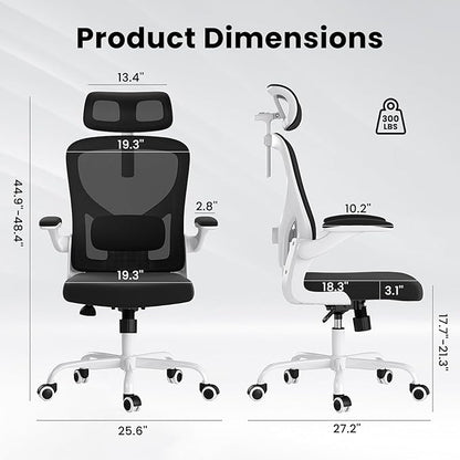 Ergonomic Office Chair, Comfy Home Office Chair High Back Computer Chair with Headrest, Adjustable Back Support, Flip-Up Arms, 90-120° Tilt and Wide Cushion, Up to 300lbs, Black+White