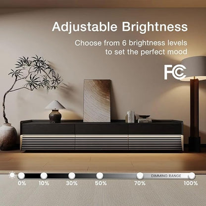 POVISON Fully-Assembled Mid Century Glossy Sintered Stone TV Stand with Legs, Wood Media Console with Adjustable LED Light, Entertainment Center with Storage for Living Room
