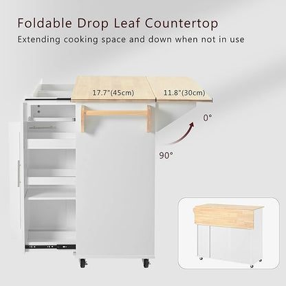 46" Kitchen Island with Drop Leaf,Kitchen Storage Cart W/ 3 Tier Pull Out Cabinet Organizer & Internal Storage Rack,Rolling Kitchen Cart on Wheels W/Towel Rack & 2 Drawers,for Kitchen,White