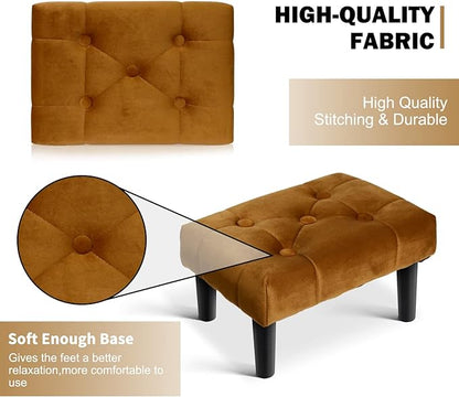 HOUCHICS Small Footstool Ottoman,Velvet Soft Footrest Ottoman with Wood Legs,Sofa Footrest Extra Seating for Living Room Entryway Office(Coffee 2PACK)