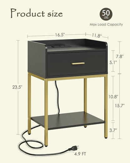 Nightstand with Charging Station,3-Tier Bedside Table for Small Space,Modern Night Stand with Storage Drawer and Shelf,Small Side Table for Bedroom,Living Room,Black