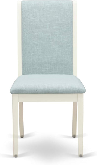 East West Furniture V077LA015-7 7 Piece Dining Table Set Consist of a Rectangle Kitchen Table with V-Legs and 6 Baby Blue Linen Fabric Upholstered Chairs, 40x72 Inch, Multi-Color