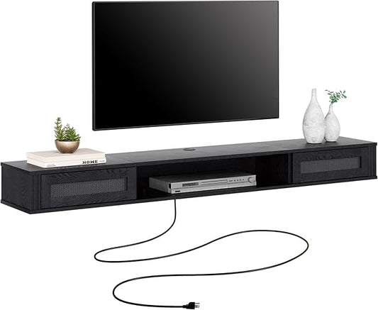 WAMPAT Floating TV Stand Shelf with Power Outlet, Mid Century Modern Wall Mount Shelf for TVs up to 80",Media Console TV Cabinet with 2 Rattan Doors