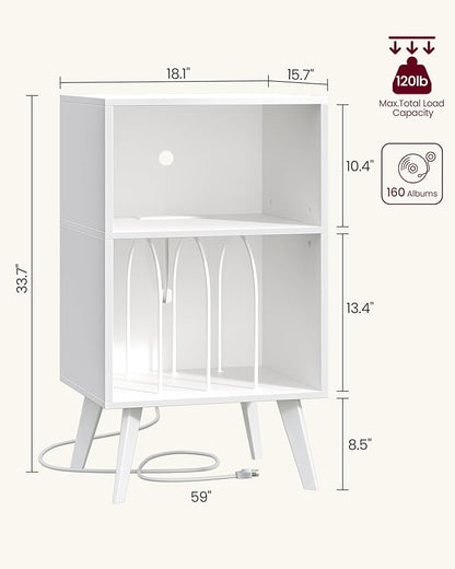 Record Player Stand, 3-Tier Side End Table with Charging Station, Turntable Stand Up to 160 Albums, Vinyl Storage Cabinet Dispaly Shelf for Living Room, Classic White
