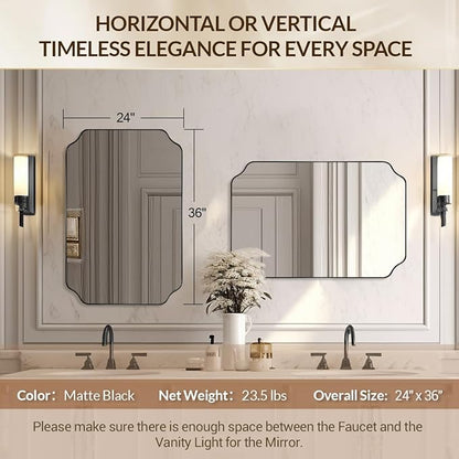 Black Wall Mirror, 24"x36" Black Scalloped Mirror, Unique Curved Edge Design, Anti-Rust SUS304 Frame, Hangs Vertical or Horizontal