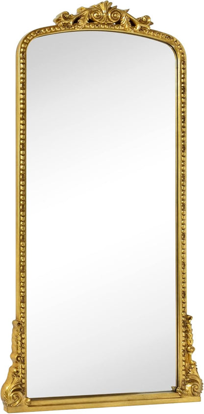 Traditional Ornate Floor Mirror Gold Arched Framed Full Length Wall Mirror Baroque Inspired Full Body Mirror, Antiqued Gold 30 x 60''