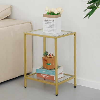 Modern 2-Tier Tempered Glass End Table - Stylish Black Metal Side Table for Small Spaces, Perfect for Living Room & Bedroom (Gold, 1PCS)