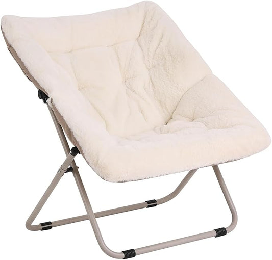 Saucer Chair, Comfy Bedroom Chairs, Oversized Folding Faux Fur Chair, Foldable Metal Frame Chair for Living Room, Balcony, Patio, Study, Playroom (Beige)