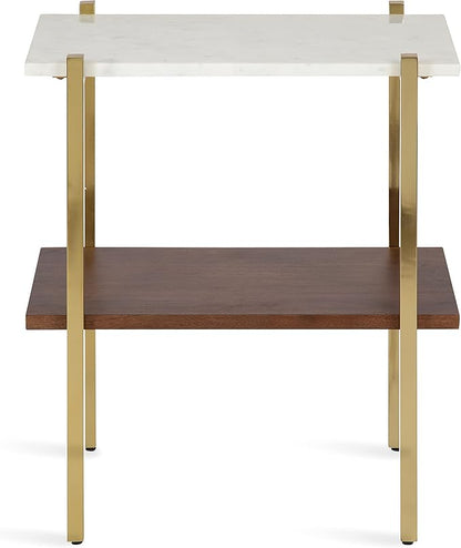 Kate and Laurel Abcott Midcentury Side Table, 20 x 12 x 24, Walnut Brown and Gold, Decorative Two-Tier Bedroom Nightstand Table with Genuine Marble Tabletop