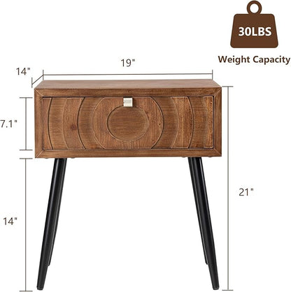 COSIEST End Tables Set of 2, Mid Century Modern Nightstands, Wood Bedside Tables, Accent End Tables with One Storage Drawer for Living Room, Bedroom (Brown, Circle Pattern)