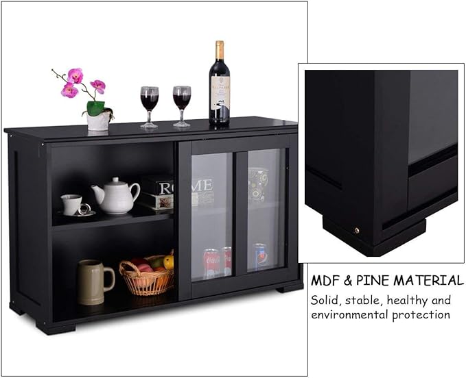 Costzon Kitchen Storage Sideboard, Antique Stackable Cabinet for Home Cupboard Buffet Dining Room (Black Sideboard with Sliding Door Window)