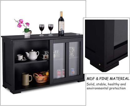 Costzon Kitchen Storage Sideboard, Antique Stackable Cabinet for Home Cupboard Buffet Dining Room (Black Sideboard with Sliding Door Window)