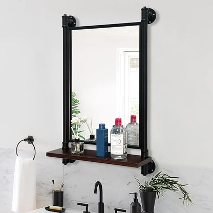 Industrial Pipe Mirror Wood Shelves,Bedroom Mirror with Shelf,Rectangle Iron Wall Mirrors for Living Room Bedroom(29.5x19.68)