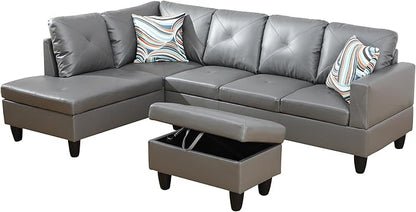 L Shaped Couch Faux Leather Sectional Couch Upholstered 3 Pieces Sofas for Living Room with Chaise, Storage Ottoman for Office and Small Apartment, Dark Grey