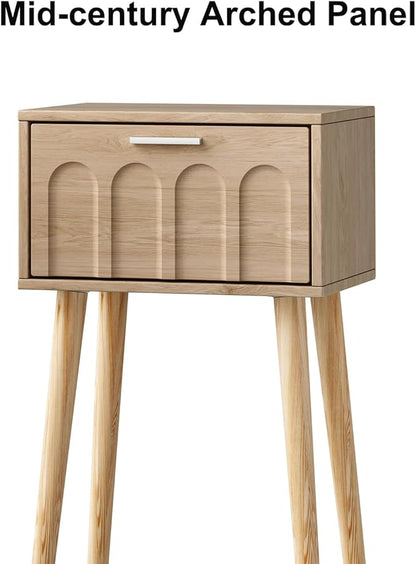 Nightstand Set of 2, Small Bed Side Table with Arch Door, Mid-Century End Table with Wood Legs for Bedroom, Small Space (Natural)