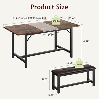 GarveeHome Dining Table Set for 4-6, 63" Extendable Wood Dining Room Table with Corner Protector & 2 Upholstered Benches, Kitchen Table Set for Apartment, Small Space, Easy Assembly, Retro Brown