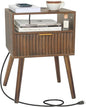 Mid Cetury Modern Nightstand with Charging Station, Fluted Bedside Table with Storage, Modern Side End Table with Solid Wood Legs for Bedroom, Dorm and Small Space (Rustic Brown)