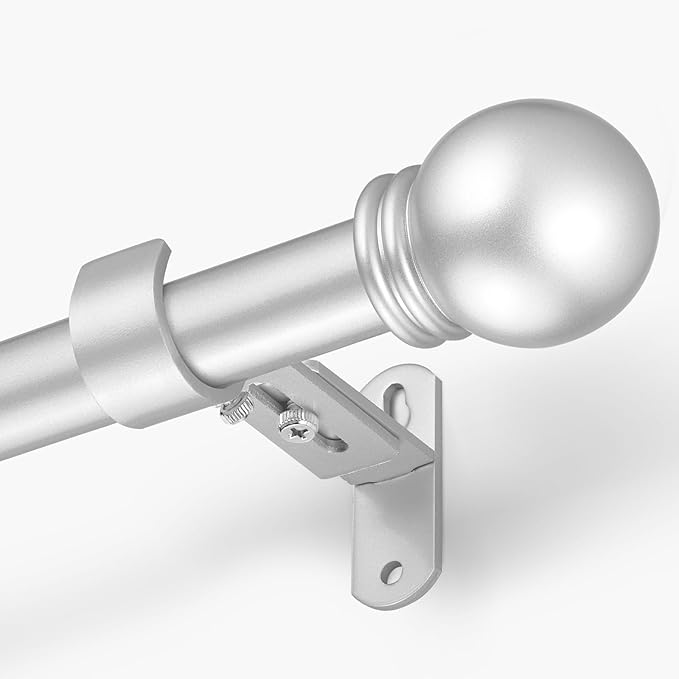 Curtain Rods for Windows 16 to 136 Inches, Curtain Rod Max Adjustable Length of 144 IN, 6/8" Diameter Drapery Rods Round Finials, Satin Silver, Pack of 1