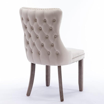 PacknWood Acosure Set of 2 Velvet Upholstered Wing-Back Dining Chair with Backstitching Nailhead Trim,Exquisite Furniture Stool W/Wood Legs,for Kitchen,Sitting Room,Beige