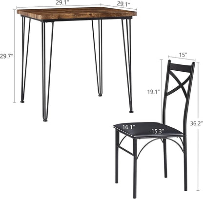 VECELO 3-Piece Dining Room Kitchen Table and Pu Cushion Chair Sets for Small Space, 2, Classic Brown,Dining Set for 2