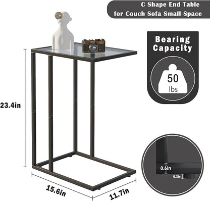 Easy Paws C Shaped End Table Set of 2, Tempered Glass Snack Side Table with Metal Frame, Sofa Couch Side Table, Modern Style, Black