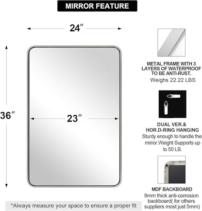 ANDY STAR Chrome Mirrors for Bathroom, 24x36’’ Rounded Rectangle Mirror, Chrome Bathroom Vanity Mirror, SUS304-Anti-Rust, Wall-Mounted Horizontal/Vertical 1’’ Deep