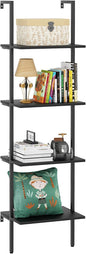Ladder Shelf 4 Tiers Metal Industrial Bookshelf,Black Wooden Tall Open Storage Rack and Display Shelves,Wall Mount Wide Book Case for Home Office Bedroom,Small