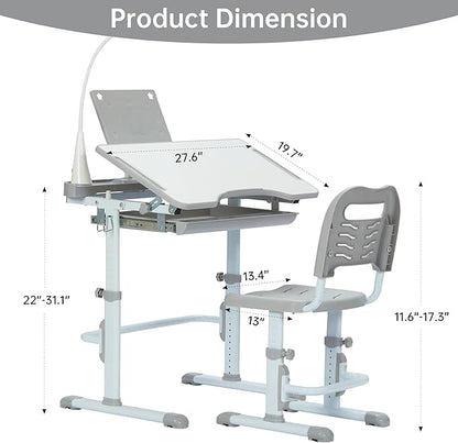 Real Relax Kids Desk and Chair Set, Children's Multifunctional School Tables with Tilt Desktop, LED Light, Metal Hook Grey
