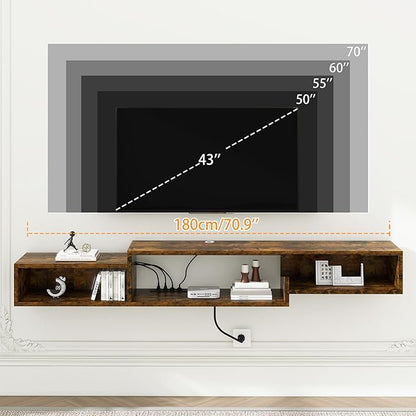 IBUYKE 71" Floating TV Stand Wall Mounted with Power Outlet,Wood Wall Mounted Media Console Shelf,Floating Entertainment Center for Under TV Storage for Living Room Bedroom Office,Rustic Brown WST008H