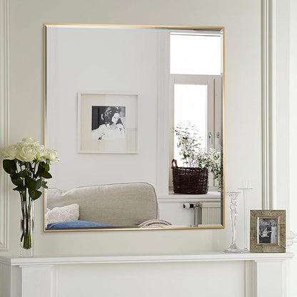 30x36 Inch Gold Mirror with Beveled Trim, Aluminum Frame Bathroom Vanity Mirror, Copper-Free Mirror, Rectangle Wall Mounted Mirror, Modern Rectangular Mirror Horizontal or Vertical