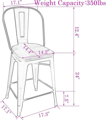 Changjie Furniture 24 Inches Metal Barstools Set of 4 Counter Height Bar Stools Industrial Stools with Backs High Back Chairs for Kitchen Island (24 Inch, Silver)