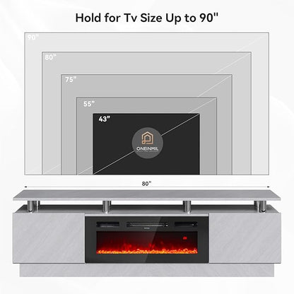 80" TV Stand & Entertainment Center, Media Console with Storage Cabinet, Fits TVs up to 90", Modern Living Room Furniture, 36" Electric Fireplace (Grey+Black)