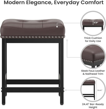 MALOL Set of 6 Saddle Bar Stools Counter Height 24.4”, Backless Barstools for Kitchen Island, Modern PU Leather Cushioned Seat, Bar Chairs for Kitchen Counter, Breakfast Bar Stools for Home,Brown
