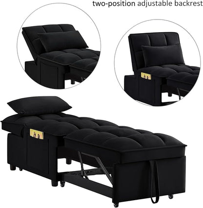 KEIKI Velvet Single Convertible Sleeper Chair Sofa Bed with Adjustable Backrest, Pillows & Storage Pockets, 3 in 1 Pull-Out Couch Chaise Lounge Recliner for Living Room Balcony Bedroom, Black