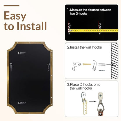 ANDY STAR 30x48 Inch Brushed Gold Mirror, Unique Rectangle Mirror for Bathroom, Large Scalloped Bathroom Mirror with Rust-Proof Stainless Steel 1" Frame, Hangs Vertically or Horizontally