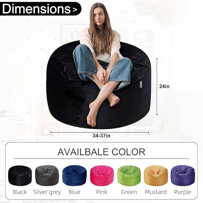 HABUTWAY Bean Bag Chair 3Ft Luxurious Velvet Ultra Soft Fur with High Rebound Memory Foam Bean Bag Chairs for Adults Plush Lazy Sofa with Fluffy Removable Sponge 3' (Black New)