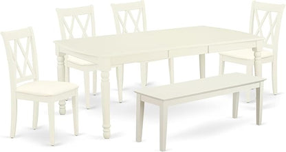 East West Furniture DOCL6-LWH-C 6 Piece Modern Dining Table Set Contains a Rectangle Wooden Table with Butterfly Leaf and 4 Linen Fabric Dining Chairs with a Bench, 42x78 Inch, Linen White