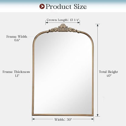 30" x 40" Antique Gold Arched Mirror for Wall, Vintage Brass Bathroom Mirror with Metal Frame, Bronze Ornate Gold Vanity Mirror for Entryway, Mantel, Powder Room