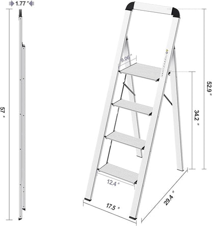KINGRACK Aluminium 4 Step Ladder, Lightweight Step Stool with Non-Slip Pedals, Handrail, Foldable Step Ladder for Kitchen, Garage, Home, Space Saving, Sturdy and Portable, Silver