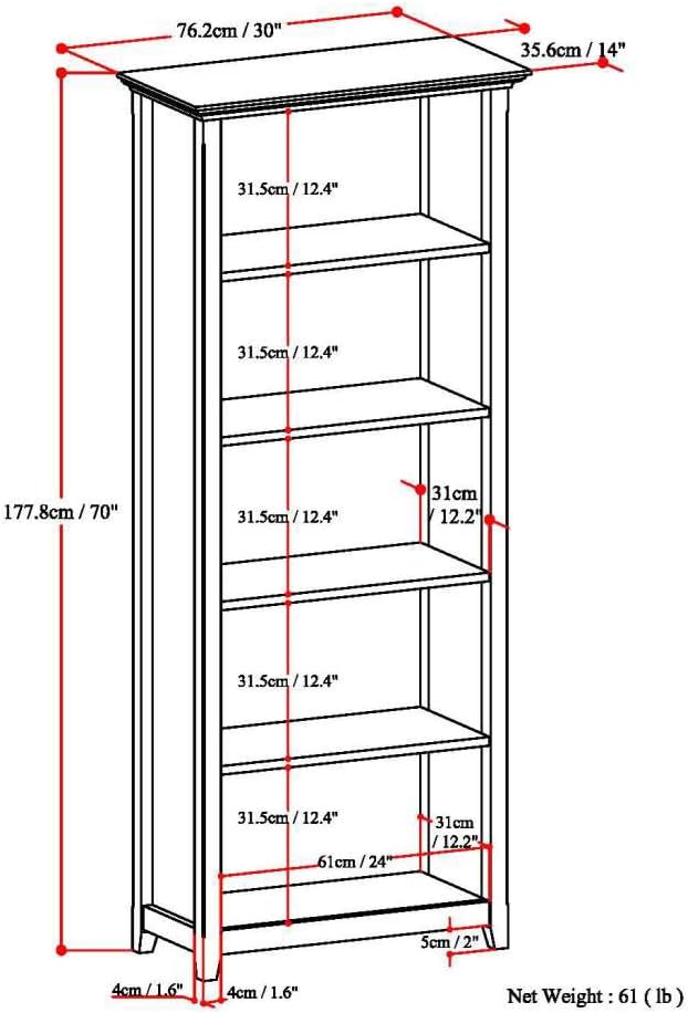 SIMPLIHOME Amherst Bookcase - 70 inch Tall 5-Shelf Solid Wood Bookshelf in Hickory Brown, Transitional Storage for Living Room, Study Room or Office with Adjustable Shelves and Tapered Legs
