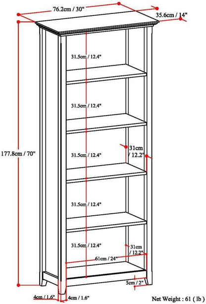 SIMPLIHOME Amherst Bookcase - 70 inch Tall 5-Shelf Solid Wood Bookshelf in Hickory Brown, Transitional Storage for Living Room, Study Room or Office with Adjustable Shelves and Tapered Legs