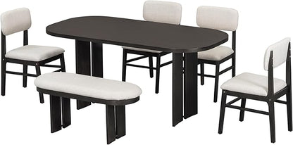 Ball & Cast Wood Dining Table Set with Bench,6-Piece Upholstered Rectangular Set w/ 4 Upholstered Chairs,Curved Profiles Kitchen Furniture Suitable Big Family Gatherings,Espresso