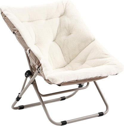 Living Room Chair, Soft Faux Fur Folded Chair Oversized Folding Accent Chair, Furry Lounge Lazy Chair, Metal Frame Moon Chair for Bedroom, Living Room